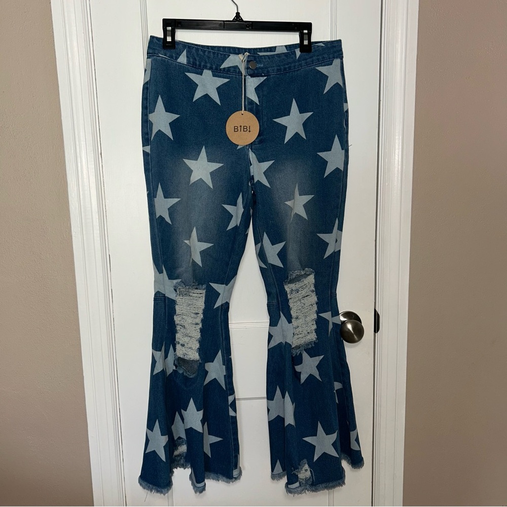 Bibi Star-Print Distressed Flare Jeans - Blue